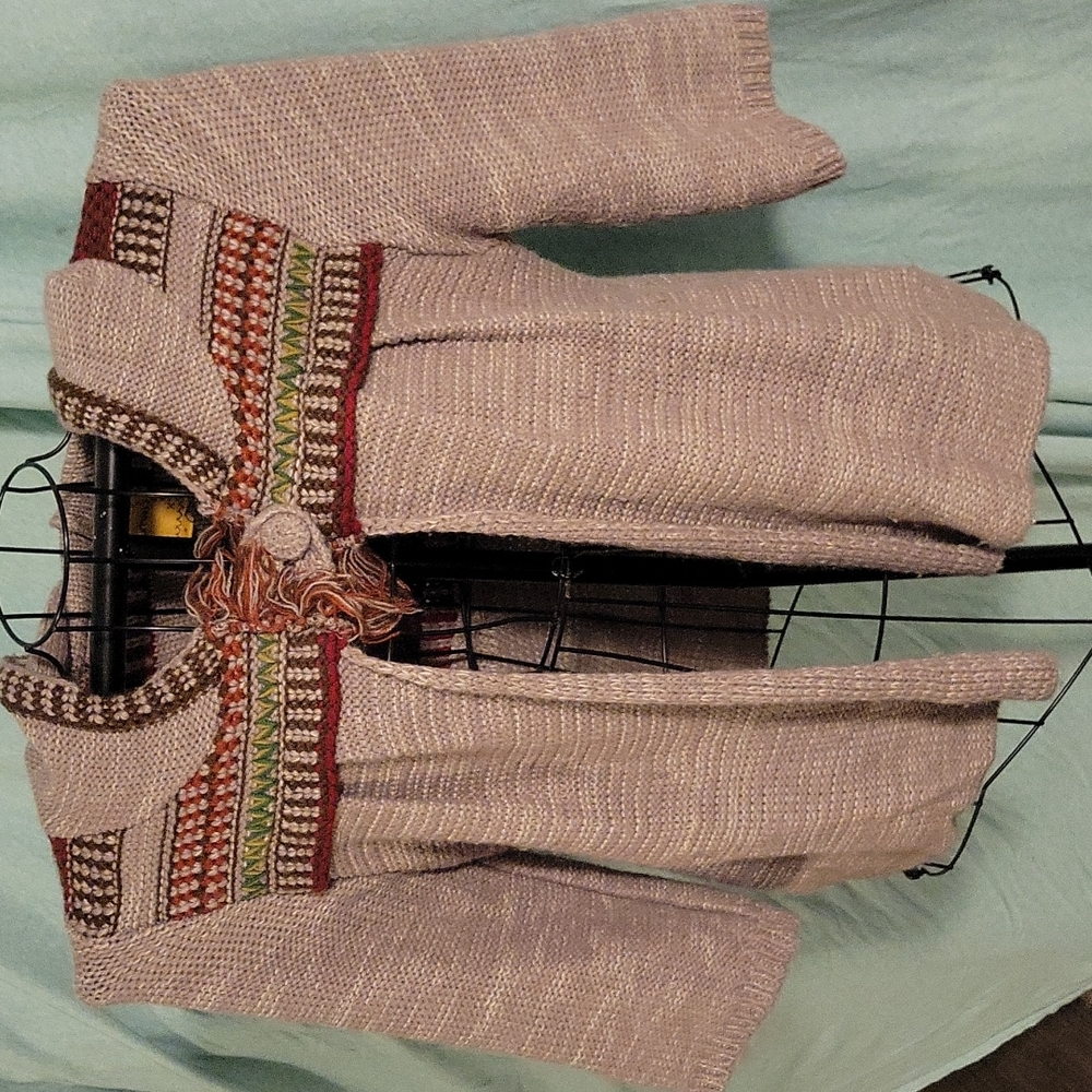 Lulumari Taupe Open-Front Cardigan with Multicolor Yoke